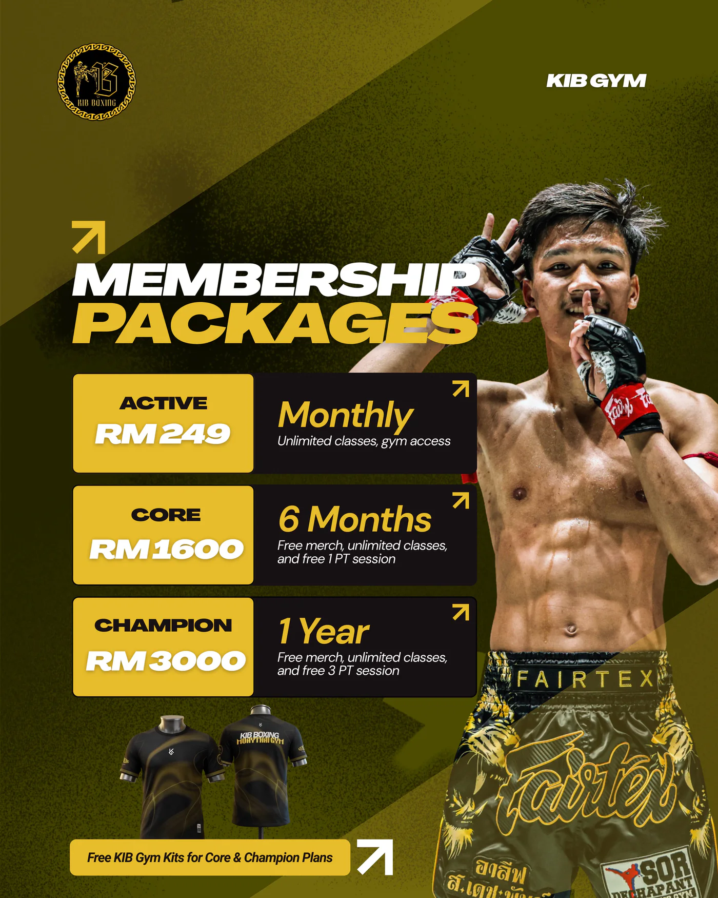 KIB GYM membership packages: Active RM249 monthly, Core RM1600 for six months and Champion RM3000 for one year